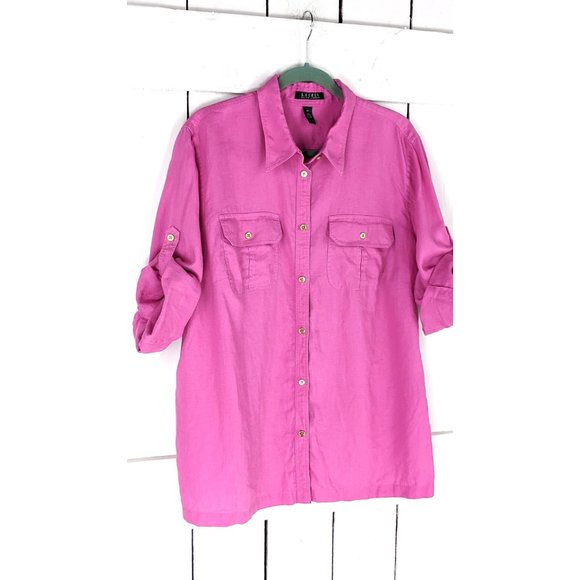 Lauren Ralph Lauren pink linen button down blouse shirt 2X - Picture 3 of 6